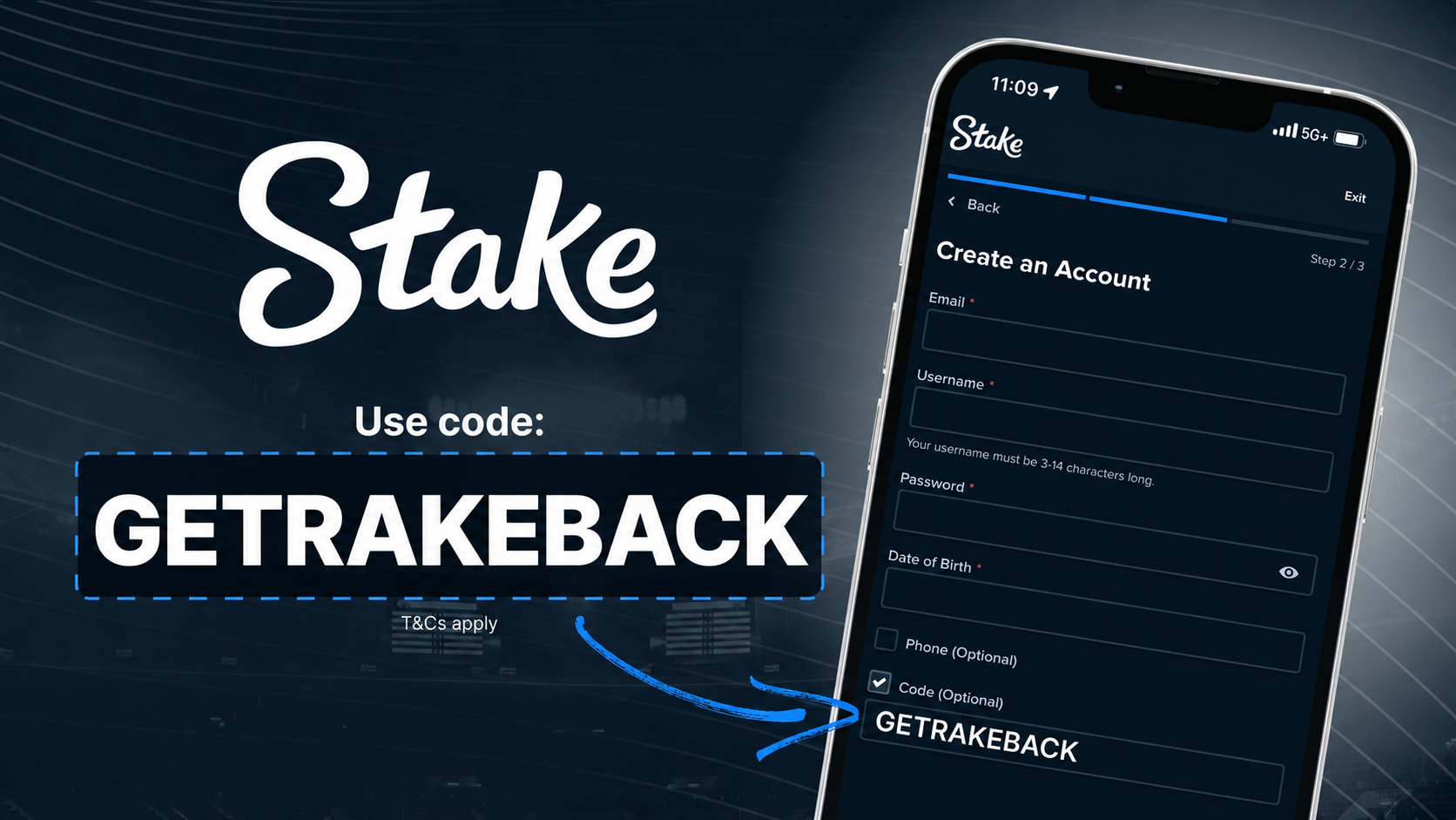 Entering promo code GETRAKEBACK on the Stake account sign-up form